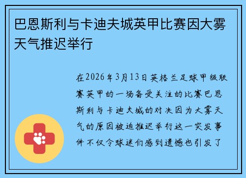 巴恩斯利与卡迪夫城英甲比赛因大雾天气推迟举行