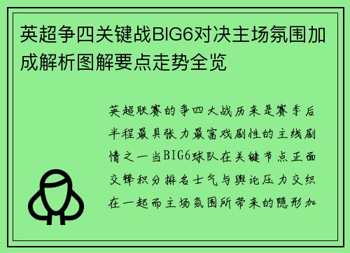 英超争四关键战BIG6对决主场氛围加成解析图解要点走势全览